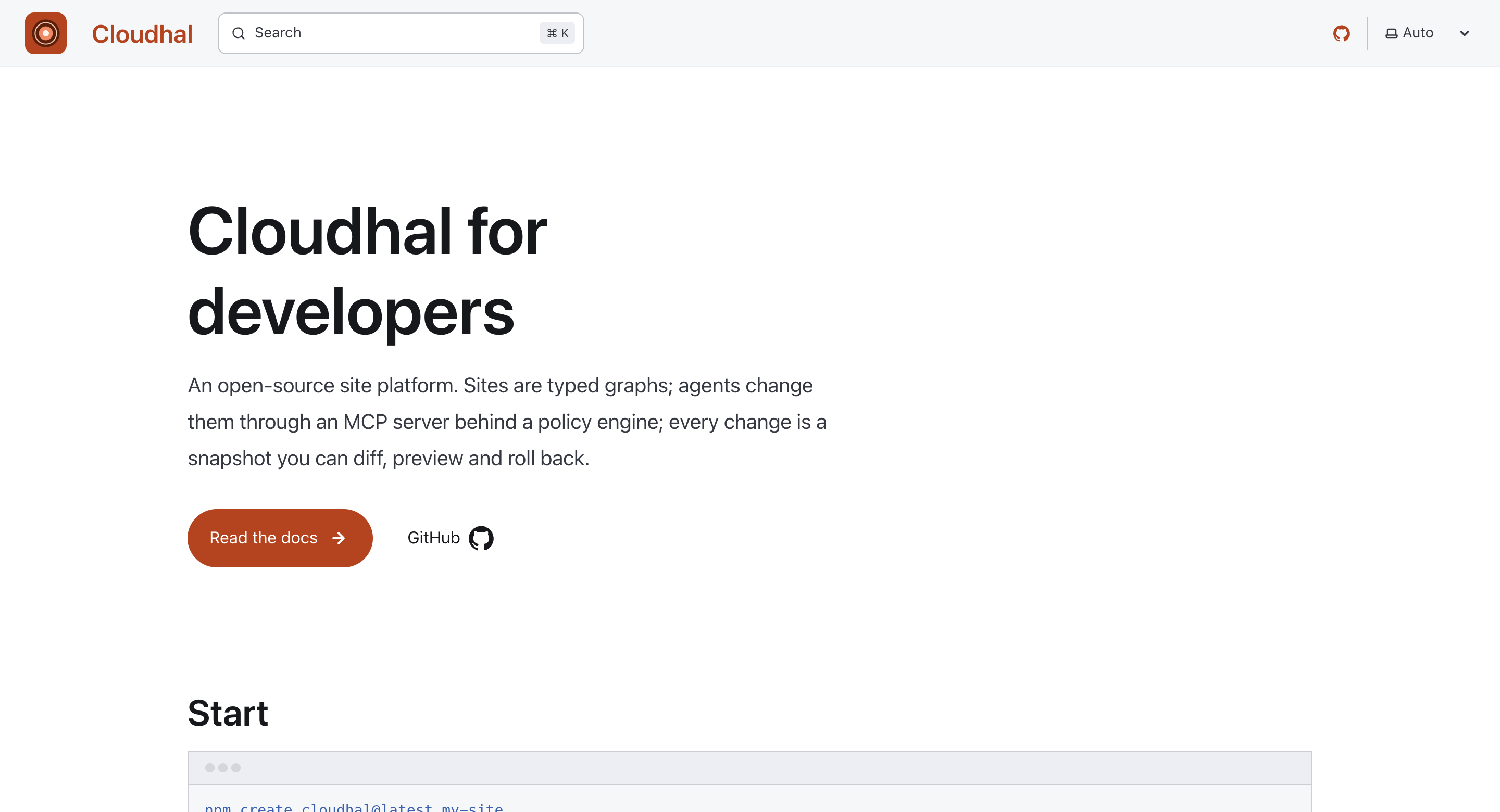 The cloudhal.dev home page: the heading Cloudhal for developers, a one-line description, a Read the docs button and a Start block with four npm commands.