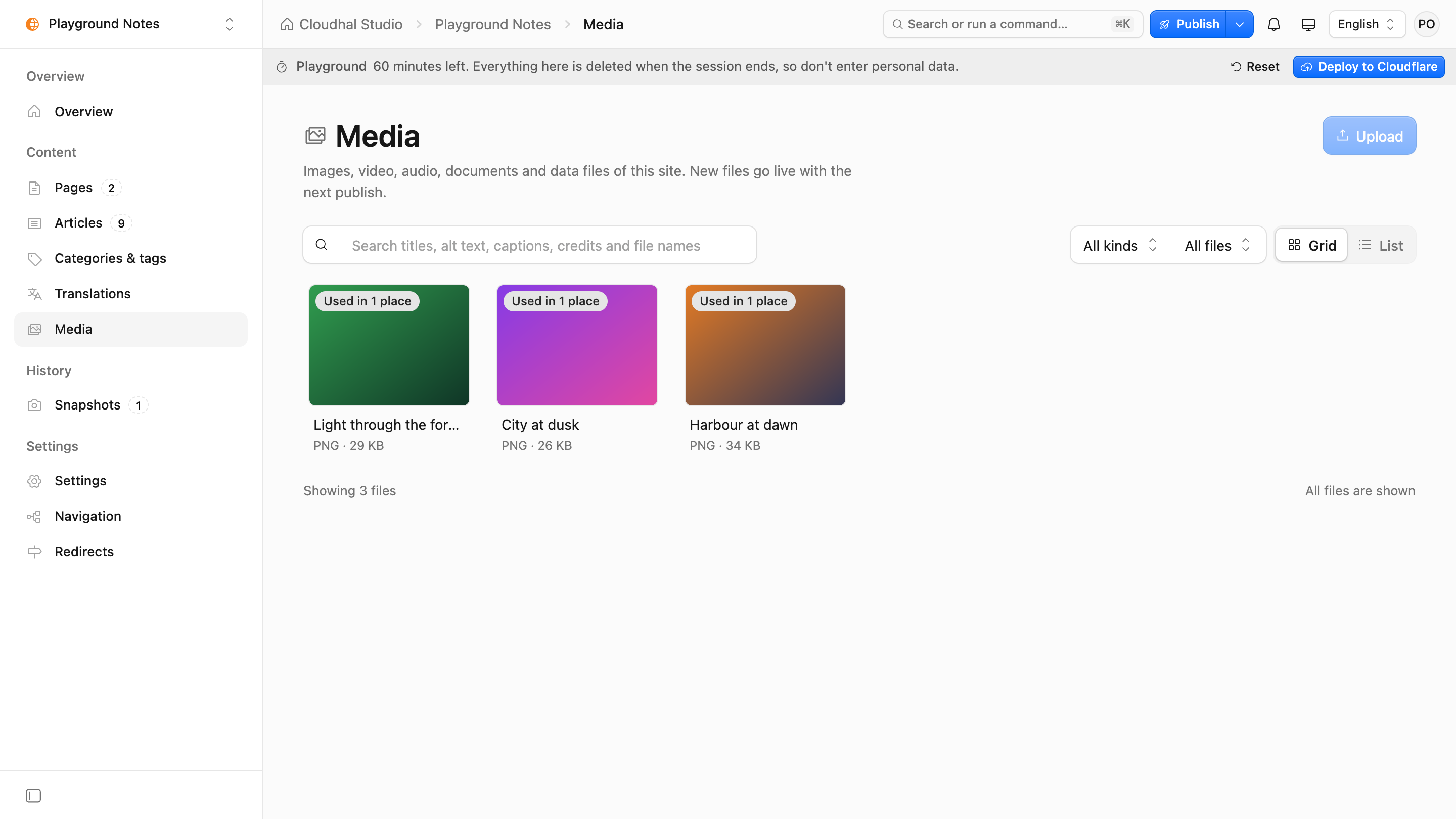 Cloudhal Studio's media library in grid view.