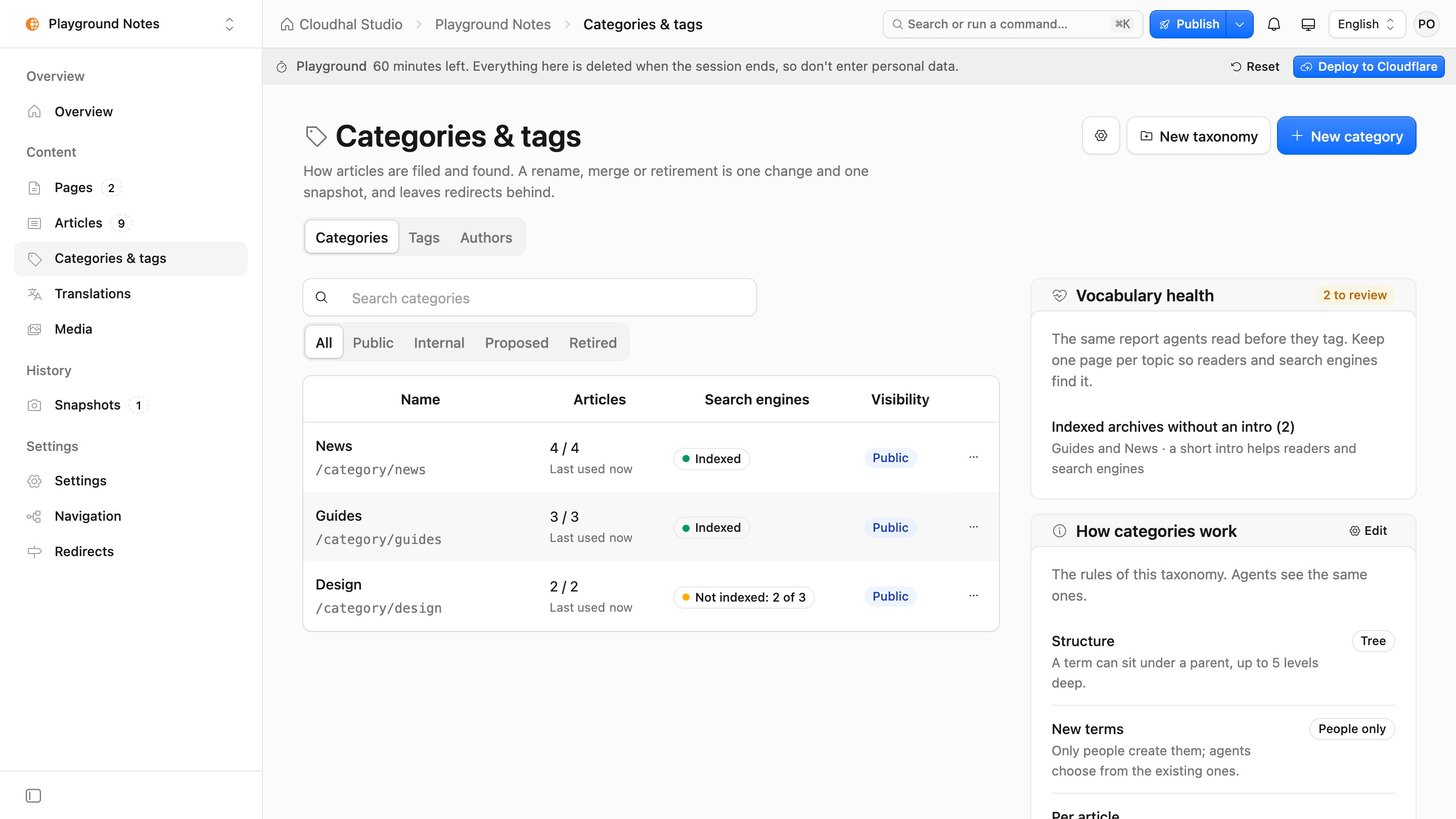 Cloudhal Studio's categories and tags screen with a vocabulary health panel.