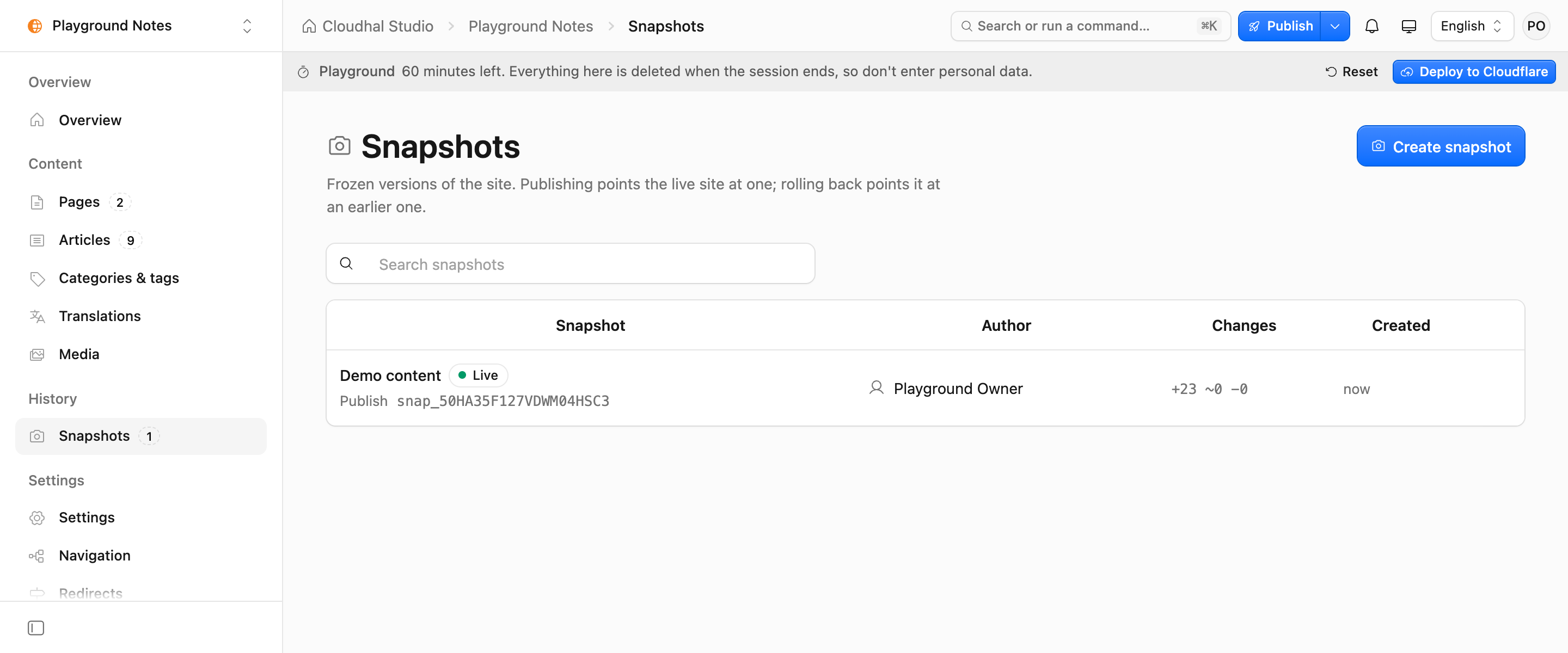 Cloudhal Studio's Snapshots screen with one live snapshot.