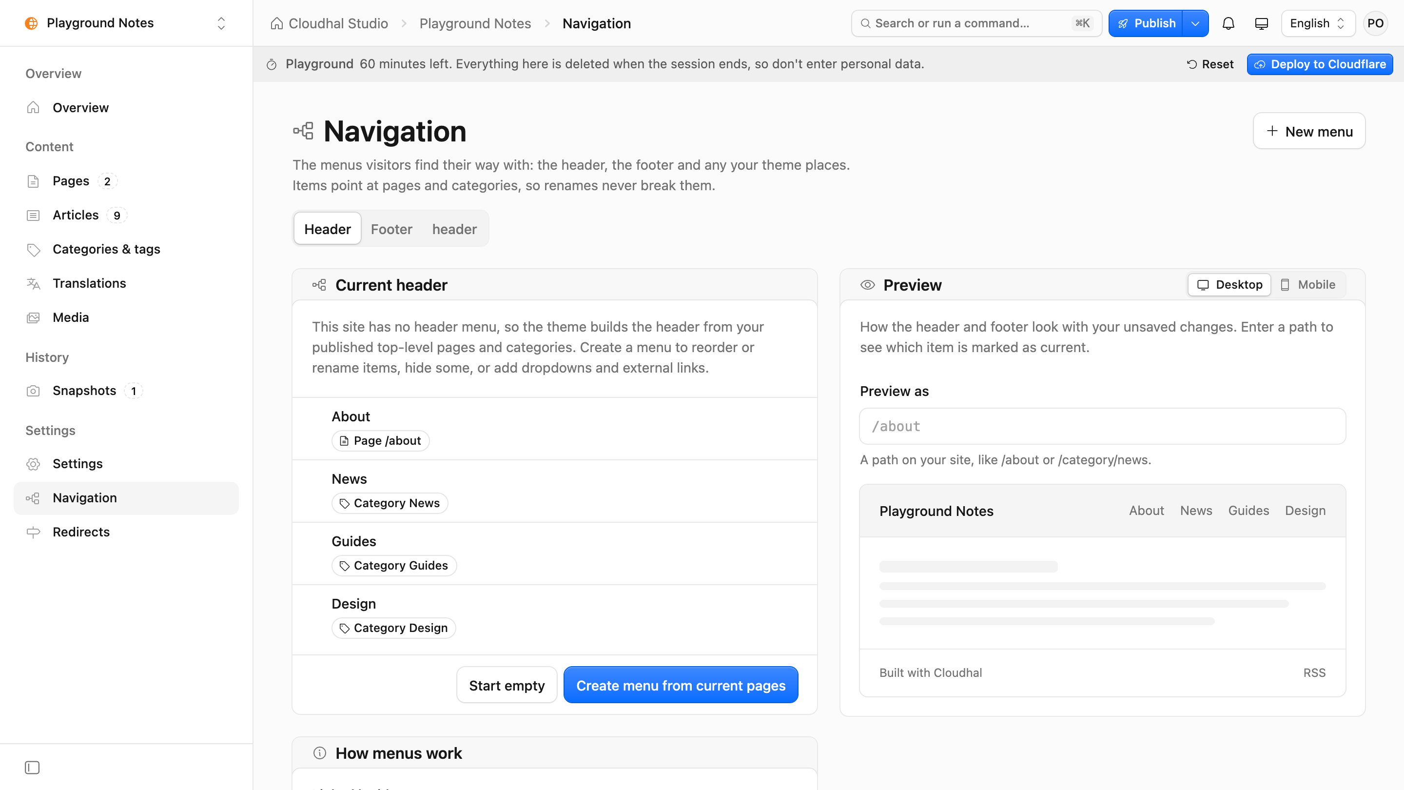 Cloudhal Studio's navigation screen with the header menu and its preview.